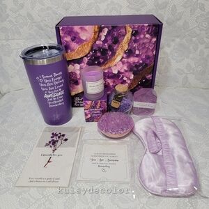 6 Piece Lavender Spa Gift Set Self Care Relaxation Box with Tumbler Candle Soap